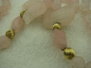 Vintage Pink Rose Quartz Carved Ducks Hand Knotted Bead Necklace 7