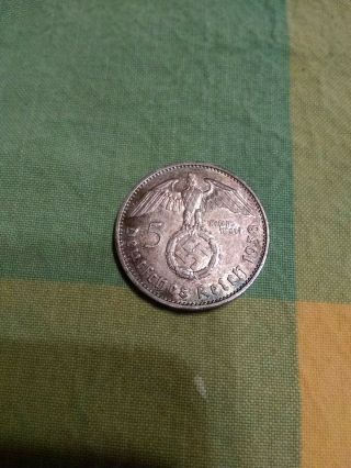 1938 German Ww2 Nazi 5 Reichsmark Swastika Silver Coin Rare Hitler Era