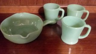 Vintage Fire King Jadeite Restaurant Coffee Cup D Handle Mug 3 Mugs.  1 Bowl