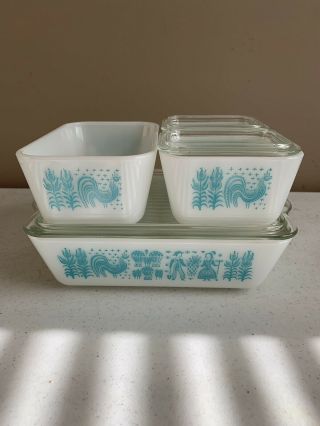 Vintage Pyrex Amish Butterprint Refrigerator Dishes 7 Piece Set Turquoise White