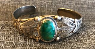 Vintage Navajo Pawn Fred Harvey Era Silver Green Turquoise Bracelet