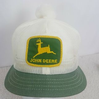 John Deere Pom Cap Vintage Snapback Mesh Hat Short Bill Farm Tractor