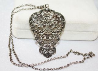 Antique Art Deco Sterling Silver & Ornate Lace Filigree Pendant Necklace