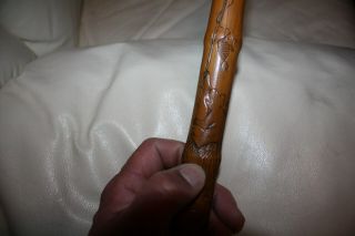 Antique Carved Monkey Fishing Signed Japanese Bamboo Wood Walking Stick Cane