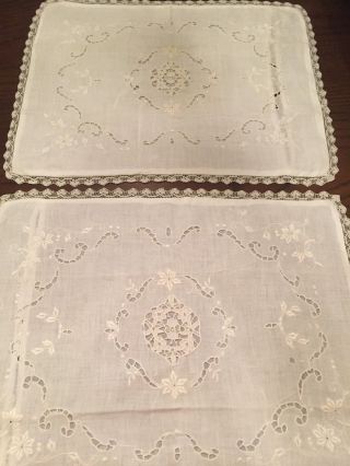Vtg Pillowcase Shams Hand Embroidered Needle Lace White On White W/ Down Filler