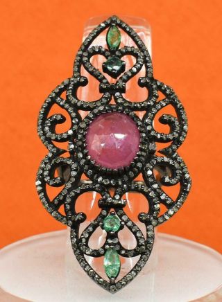 Victorian 12.  00ctw Natural Ruby Emerald & Rose Cut Diamond Sterling Ring 14g