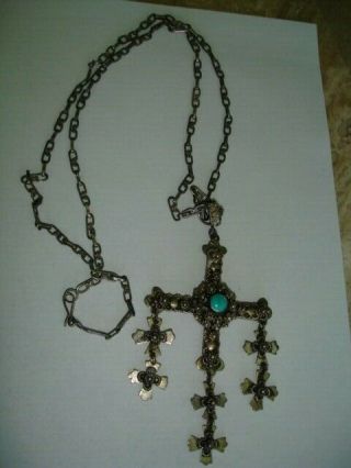 Large Vintage Mexican Yalalag Sterling Cross Necklace Chain 24 Inches