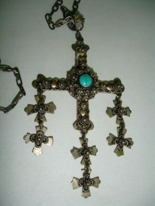 Large Vintage Mexican Yalalag Sterling Cross Necklace Chain 24 inches 2