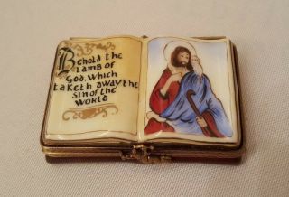 Vintage Limoges Porcelain Holy Bible W Cross Inside Trinket Box Peint Main
