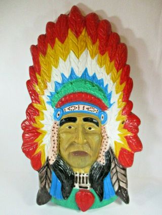 Vintage Plastic Fiberglass Native Indian Chief Head Bust Sign Wall Retro Decor