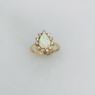 Vintage 14k Yellow Gold Natural Pear Shaped Opal & Round Diamond Halo Ring Sz 6