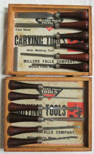 Millers Falls Wood Carving Tool Set 3 W/box 12 Chisels/gouges Vtg Old Antique