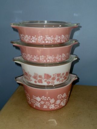 8 Piece Vtg Pyrex Pink Gooseberry Lidded Casserole Dishes Set No.  473 - 472 - 471