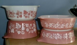 8 PIECE VTG PYREX PINK GOOSEBERRY LIDDED CASSEROLE DISHES SET NO.  473 - 472 - 471 2