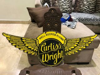 Vintage Curtiss Wright Aviation Porcelain Sign Gas,  Pegasus 2 Sided Wall Hanging