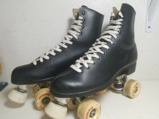 Vintage Pacer Mens Size 12 Skates Black Leather Roller Derby Premier Wheels