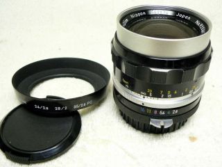 Vintage Nippon Kogaku Nikon Nikkor - S Auto Ai 35mm F/2.  8 Lens W/ Hn - 1 Hood,  Caps