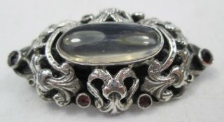 Fine Antique Art & Crafts Sterling Silver Moonstone & Garnet Brooch Pin