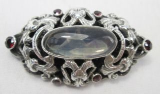 Fine Antique Art & Crafts Sterling Silver Moonstone & Garnet Brooch Pin 2