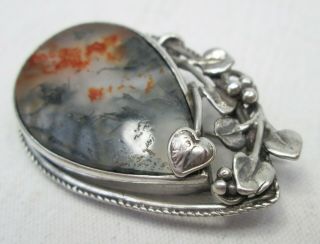 Antique Art Nouveau Sterling Silver And Scottish Moss Agate Brooch Pin