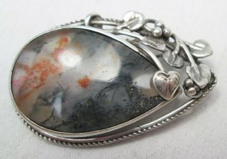 Antique Art Nouveau Sterling Silver and Scottish Moss Agate Brooch Pin 2