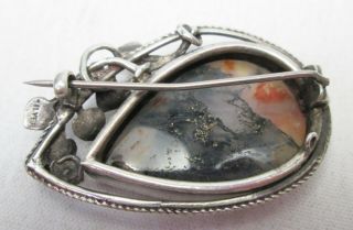 Antique Art Nouveau Sterling Silver and Scottish Moss Agate Brooch Pin 3