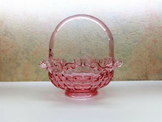 Vintage Fenton Art Glass Colonial Pink Thumbprint 8 1/2 " Handled Basket