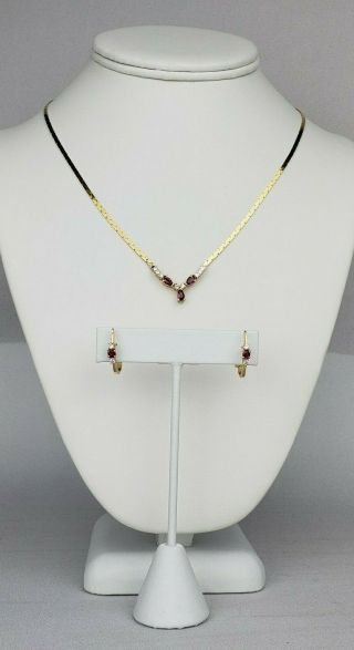 Vintage 14k Yw Ruby & Diamond Necklace & Lever Back Earring Set.