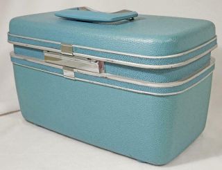 Vintage Samsonite Silhouette Train Case Cosmetic Suitcase Turquoise Blue F/s