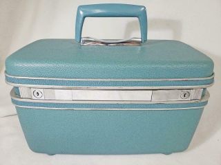 Vintage Samsonite SILHOUETTE Train Case COSMETIC suitcase Turquoise BLUE F/S 2