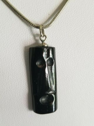 Vintage Rare Carved Black Coral Necklace Moai Easter Island Pendant 925 Chain