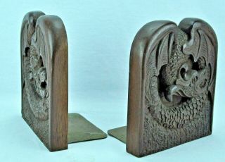 Vintage Wooden Carved Bookends With Dragon.  7 ½” Tall,  6” Wide $49 (bi Mk/190619)