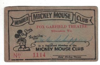 Vintage Mickey Mouse Club Membership Card Fox Garfield Theatre Milwaukee