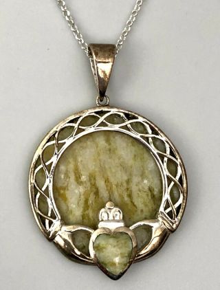 Vtg Jc Walsh Connemara Marble Irish Claddagh Pendant Sterling Silver Necklace