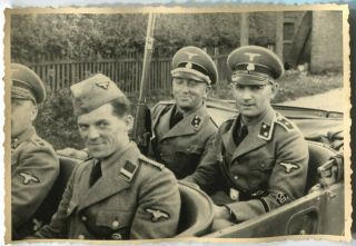 German Wwii Archive Photo: Group Of Officers In Army Vehicle