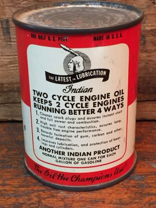 Vintage NOS Indian 1/2 Pint Two - Cycle Engine Oil Can - Full 3
