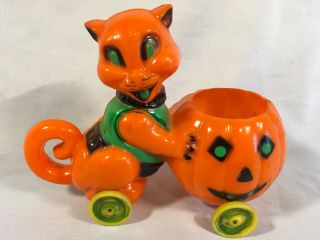 Rosbro Vintage Halloween Cat And Pumpkin On Wheels Candy Container Hard Plastic
