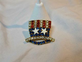 Usa American Flag Top Hat Brooch Pin Vintage Enamel Uncle Sam Old Glory C1940