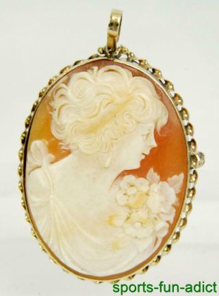 Vintage 10k Yellow Gold Carved Cameo Maiden Shell Pin Brooch Pendant