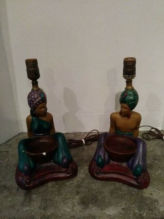 Vintage Paccini Art Novelty Company Sultan Aladdin Chalkware Lamps Pr 1950s