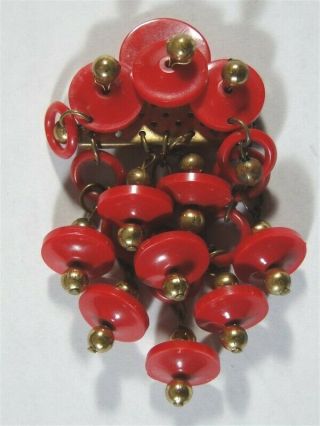 Vintage Red Bakelite Dangles W/ Rings Brass Beads Brooch Pin