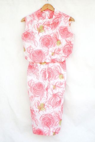 Vintage 60s Pink Floral Rose Print Dress