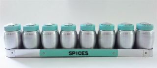 Vintage Kromex Spun Aluminum Spice Set Aqua Turqoise Lids 9 Piece Set Long Rack
