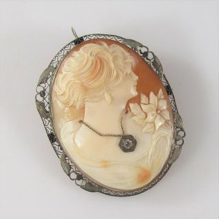 Cameo Carved Shell Diamond Pin Brooch Necklace Pendant Vintage 8.  5g