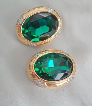 Swarovski Vintage Large Clip Earrings W,  Emerald Green Crystal Signed