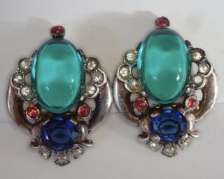 Vintage Trifari Sterling Silver Emerald Ruby Sapphire Rhinestone Clip Earrings