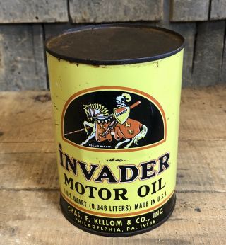 Vintage INVADER Motor Oil Gas Service Station 1 Quart Can Knight Graphics NOS 4