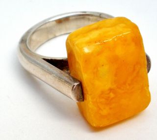 Sterling Silver Egg Yolk Amber Ring Size 8 Vintage Handmade Jewelry Yellow Stone