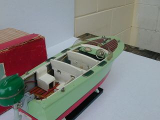 Vintage Ito Japan Wood outboard Boat W/Motor And Stand In orig.  Box 12