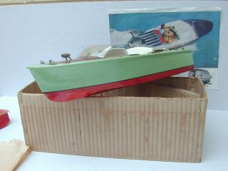 Vintage Ito Japan Wood outboard Boat W/Motor And Stand In orig.  Box 2